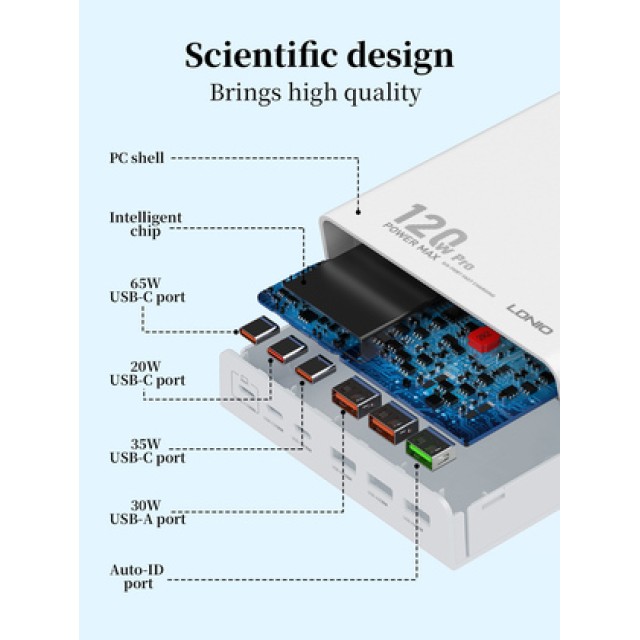 LDNIO σταθμός φόρτισης Q605, 3x USB-C & 3x USB, 120W, PD/QC, μαύρος