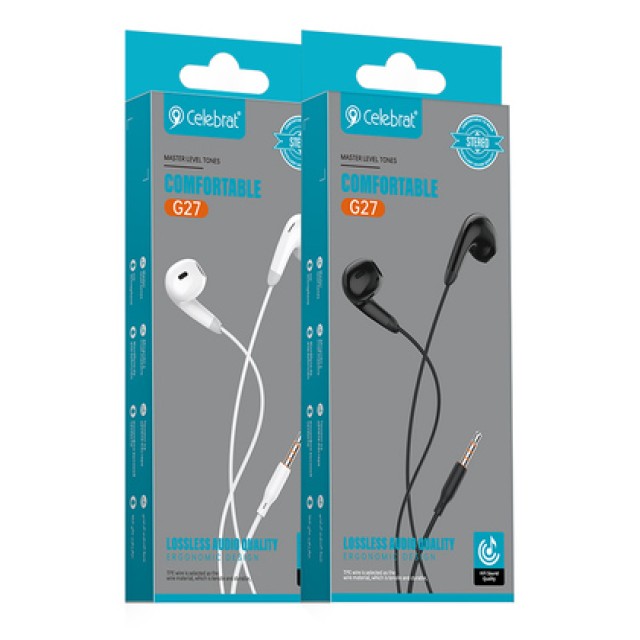 CELEBRAT earphones με μικρόφωνο G27, 3.5mm σύνδεση, Φ14mm, 1.2m, λευκά