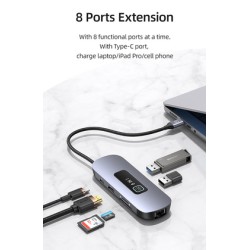 USAMS docking station US-SJ643, 8 θυρών, USB-C, 4K, 100W PD, LAN, γκρι