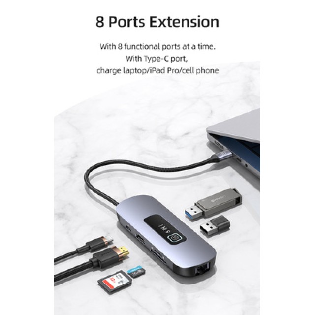 USAMS docking station US-SJ643, 8 θυρών, USB-C, 4K, 100W PD, LAN, γκρι