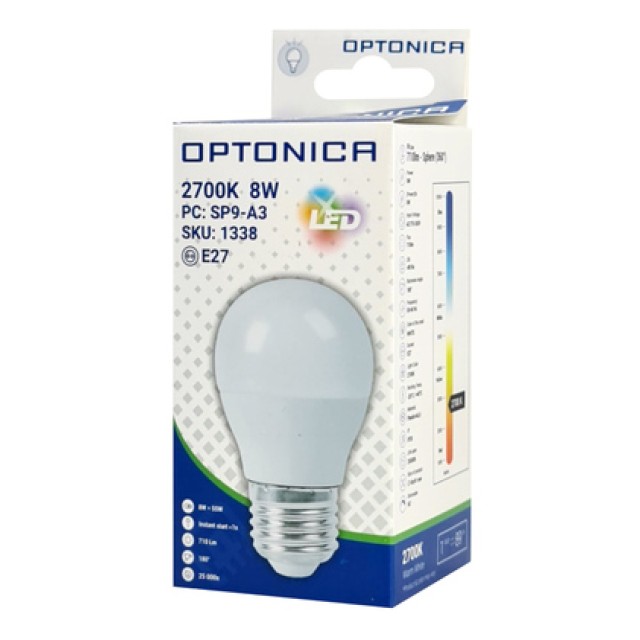 OPTONICA LED λάμπα G45 1338, 8W, 2700K, 710lm, E27