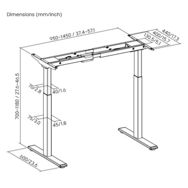 BRATECK σκελετός ηλεκτρικού γραφείου M12-22D, 95~145x60x70~118cm, μαύρο