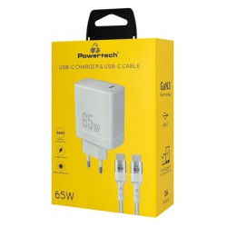 POWERTECH φορτιστής τοίχου PT-1181 με καλώδιο, USB-C, 65W, GaN, λευκός