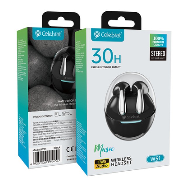 CELEBRAT earphones με θήκη φόρτισης W51, True Wireless, Φ13mm, μαύρα