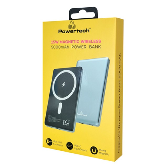 POWERTECH power bank PT-1171, 5000mAh, magnetic wireless, 15W, γκρι