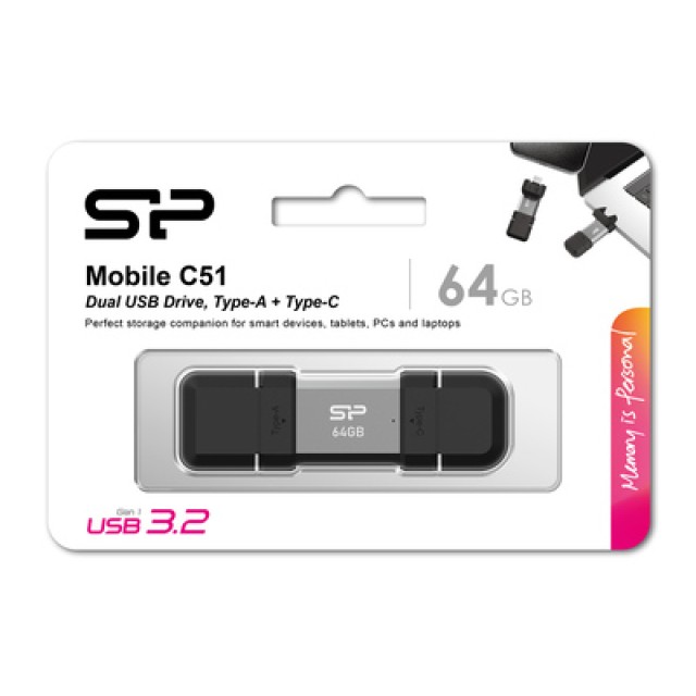 SILICON POWER USB Flash Drive C51, USB/USB-C, 64GB, 120MBps, ασημί