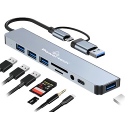 POWERTECH USB hub PTR-0151 με card reader, 8 θυρών, USB & USB-C, γκρι