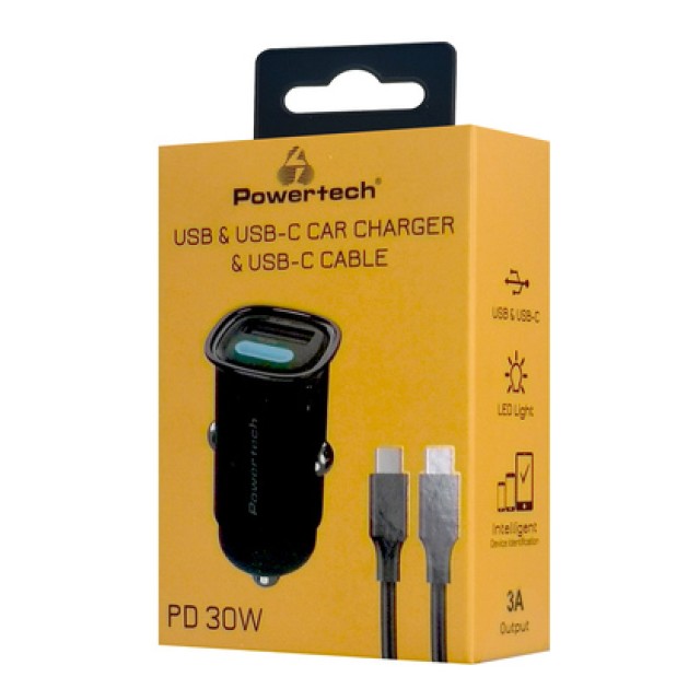 POWERTECH φορτιστής αυτοκινήτου PT-1229, καλώδιο, USB/USB-C, 30W, μαύρος