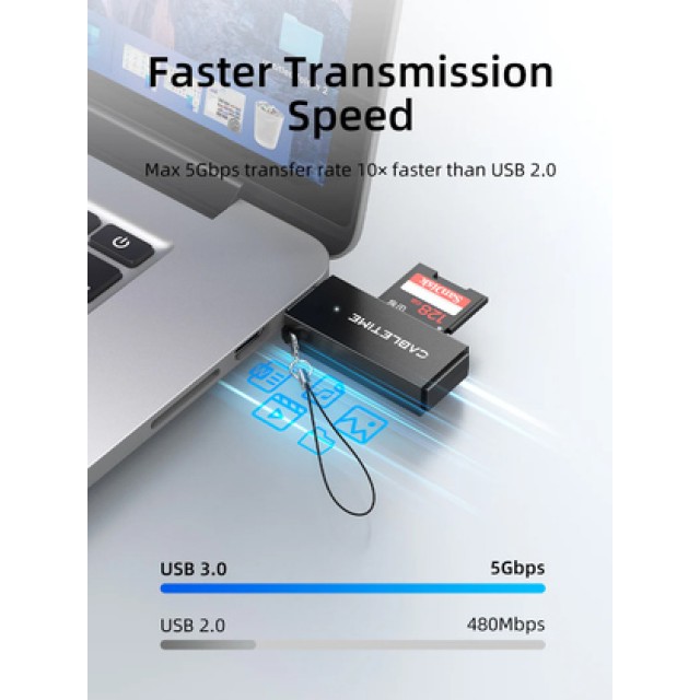 CABLETIME card reader CT-ASD3-PB για SD & micro SD, USB, 5Gbps, μαύρο