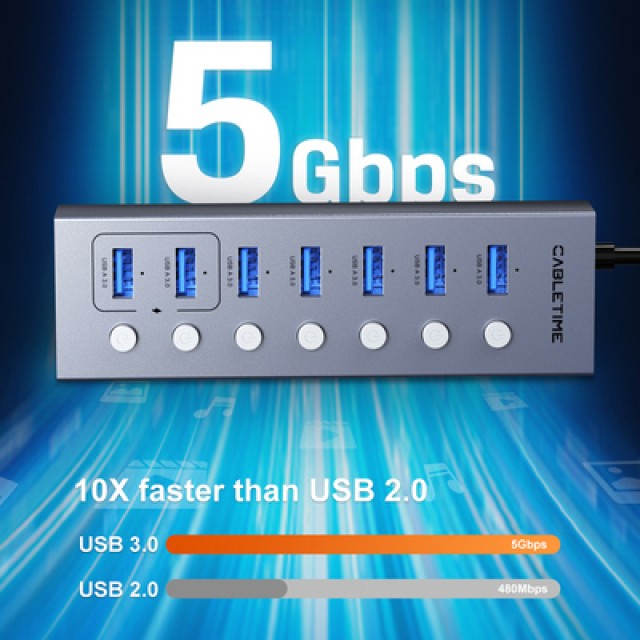 CABLETIME USB hub CT-HUBU7-AG, 7x θυρών, 5Gbps, USB σύνδεση, 1m, γκρι