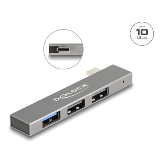 DELOCK USB hub 64274, 3x θυρών, 10Gbps, USB-C σύνδεση, γκρι