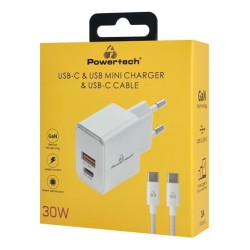 POWERTECH φορτιστής τοίχου PT-1249, καλώδιο, USB/USB-C, 30W, GaN, λευκός