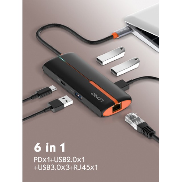 LDNIO USB hub DS-26U με θύρα δικτύου, 6 θυρών, USB-C σύνδεση, 100W PD, λευκό