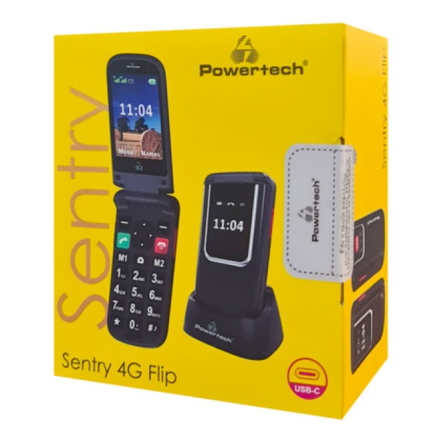 POWERTECH κινητό τηλέφωνο Sentry 4G Flip, 2.8/1.77", dual SIM, πλήκτρο SOS, μαύρο