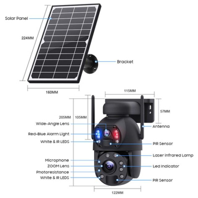 SECTEC smart ηλιακή κάμερα ST-5986M, 3MP dual lens, 20x zoom, WiFi, SD, PTZ