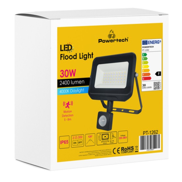 POWERTECH LED προβολέας PT-1262, με αισθητήρα κίνησης, 30W, 4000K, IP65