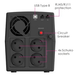 POWERTECH UPS Line Interactive PT-1297 με οθόνη, 1500VA, 900W, 4x Schuko, 2x RJ45/RJ11, USB Type B