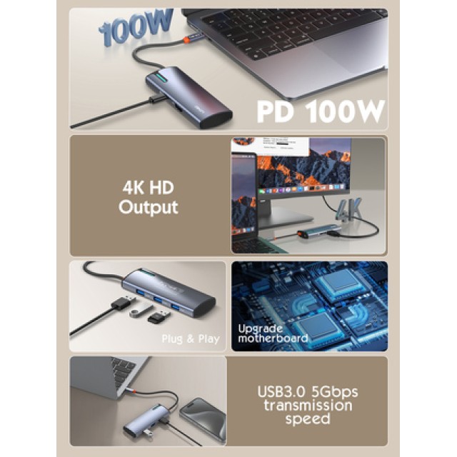 LDNIO docking station DS-15H, 5 θυρών, USB-C σύνδεση, 4K, 100W PD, γκρι