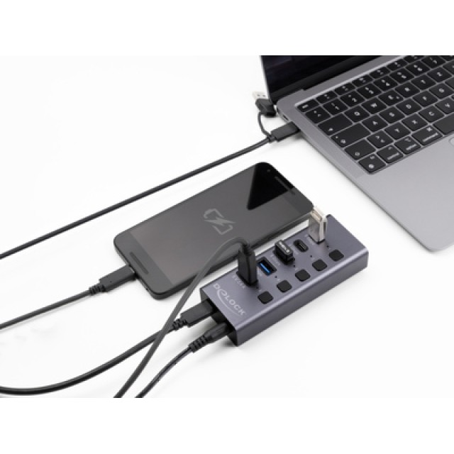 DELOCK USB hub 64248 με διακόπτες, 5x θυρών, 5Gbps, USB/USB-C σύνδεση, γκρι