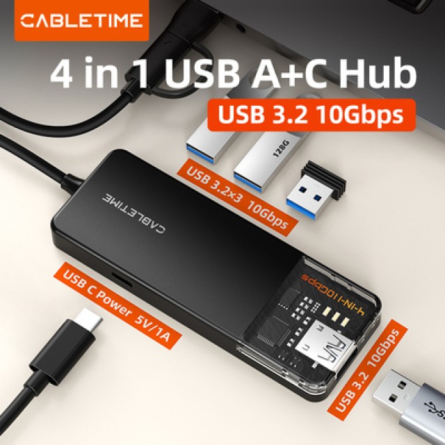 CABLETIME USB hub CT-HUBT5-PB, 4x θυρών, 10Gbps, USB/USB-C σύνδεση, μαύρο