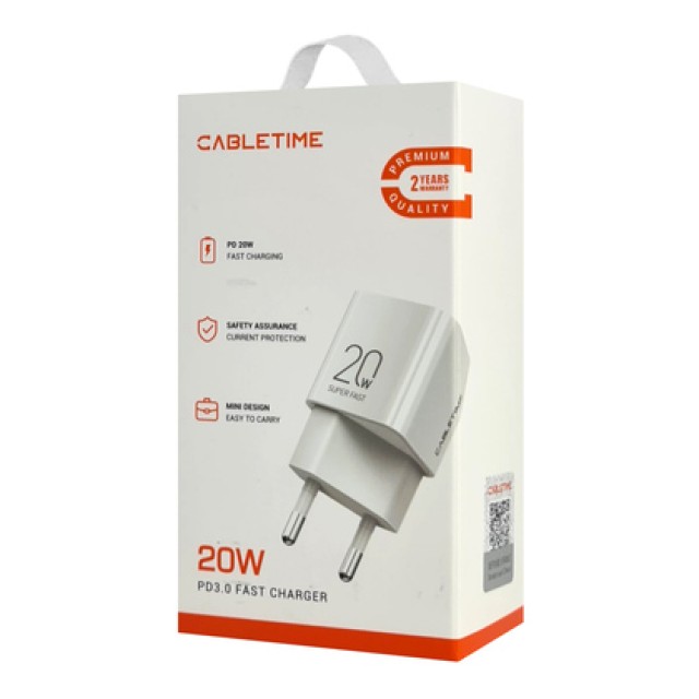 CABLETIME φορτιστής τοίχου CT-PD201-UW, USB-C, 20W PD, λευκός