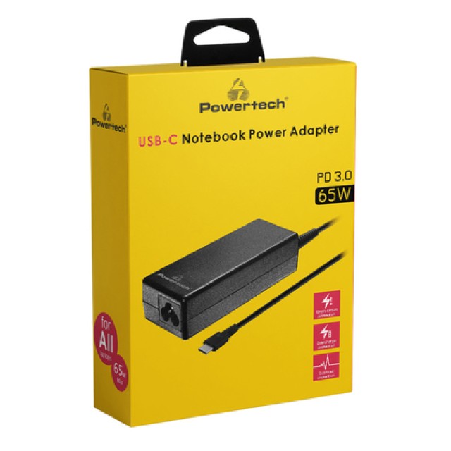 POWERTECH φορτιστής laptop PT-1319, USB-C PD 3.0, universal, 65W, μαύρος