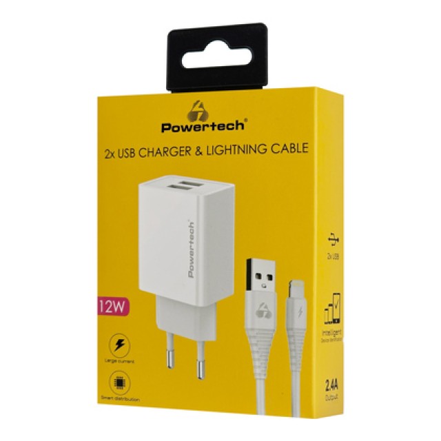 POWERTECH φορτιστής τοίχου PT-1325 με καλώδιο Lightning, 2x USB, 12W, λευκός