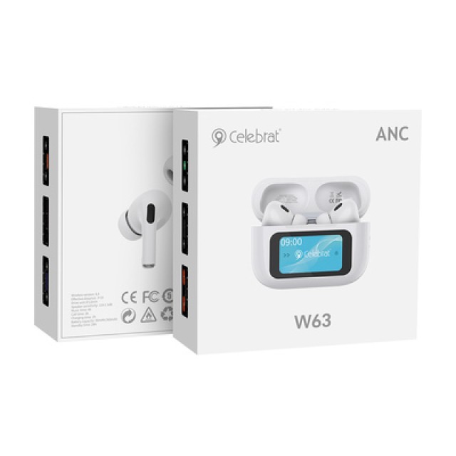 CELEBRAT earphones με θήκη φόρτισης W63, οθόνη αφής, TWS, ANC, 13mm, 30/360mAh, λευκό CELEBRAT earphones με θήκη φόρτισης W63, οθόνη αφής, TWS, ANC, 13mm, 30/360mAh, λευκό