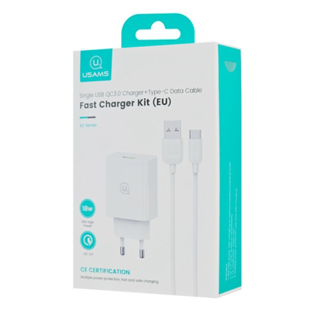 USAMS φορτιστής τοίχου SCXLTZ02 με καλώδιο USB-C, USB, 18W, λευκός