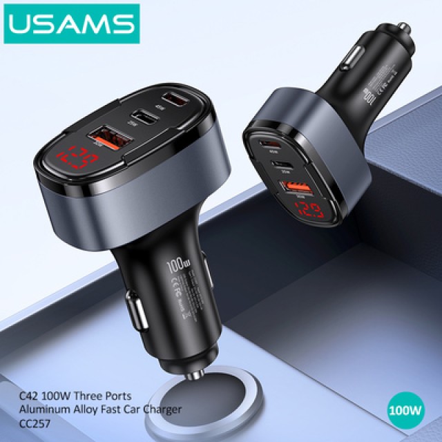 USAMS φορτιστής αυτοκινήτου US-CC257, USB/USB-C/Lightning, 100W, γκρι