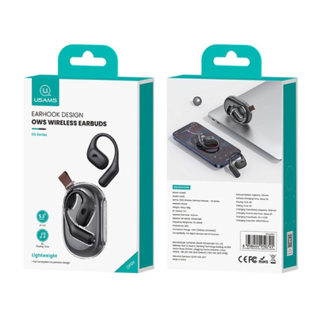 USAMS earphones με θήκη φόρτισης UG26, OWS, Φ14.2mm, 50/300mAh, μαύρα