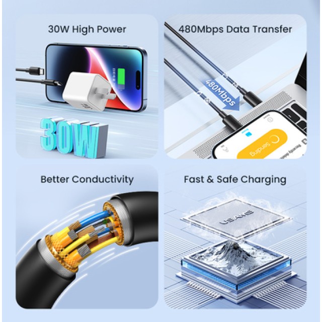 USAMS καλώδιο Lightning σε USB-C US-SJ712, 30W, 480Mbps, 1m, λευκό USAMS καλώδιο Lightning σε USB-C US-SJ712, 30W, 480Mbps, 1m, λευκό