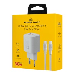 POWERTECH φορτιστής τοίχου PT-1351 με καλώδιο, USB/USB-C, 36W, GaN, λευκός