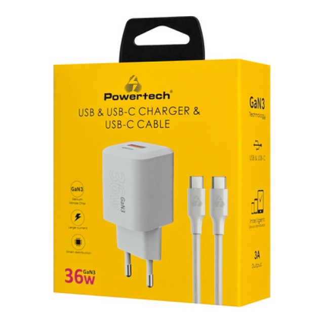 POWERTECH φορτιστής τοίχου PT-1351 με καλώδιο, USB/USB-C, 36W, GaN, λευκός POWERTECH φορτιστής τοίχου PT-1351 με καλώδιο, USB/USB-C, 36W, GaN, λευκός
