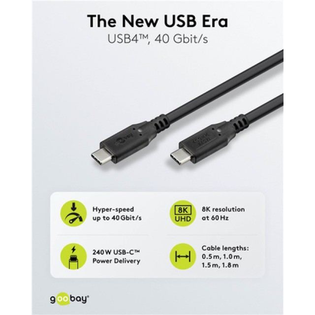 GOOBAY καλώδιο USB-C 74185, USB4, 240W, 40Gbps, 8K/60Hz, 1.8m, μαύρο GOOBAY καλώδιο USB-C 74185, USB4, 240W, 40Gbps, 8K/60Hz, 1.8m, μαύρο