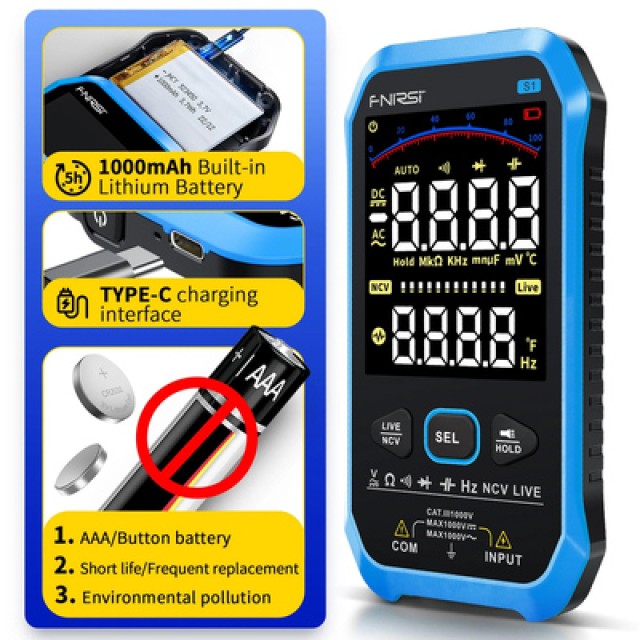 FNIRSI ψηφιακό πολύμετρο S1, 1000V AC/DC, NCV, RMS, επαναφορτιζόμενο FNIRSI ψηφιακό πολύμετρο S1, 1000V AC/DC, NCV, RMS, επαναφορτιζόμενο