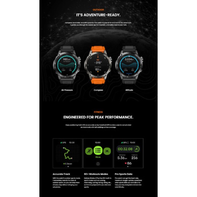 ZEBLAZE smartwatch Stratos 2 Plus, heart rate, 1.43" AMOLED, GPS, μαύρο