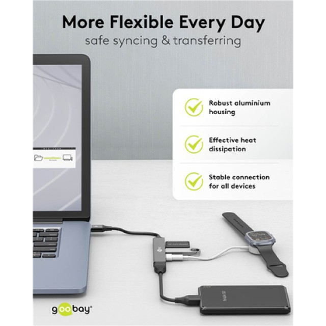 GOOBAY USB hub 74456, 4x θυρών, USB 3.2, 5Gbps, USB σύνδεση, γκρι