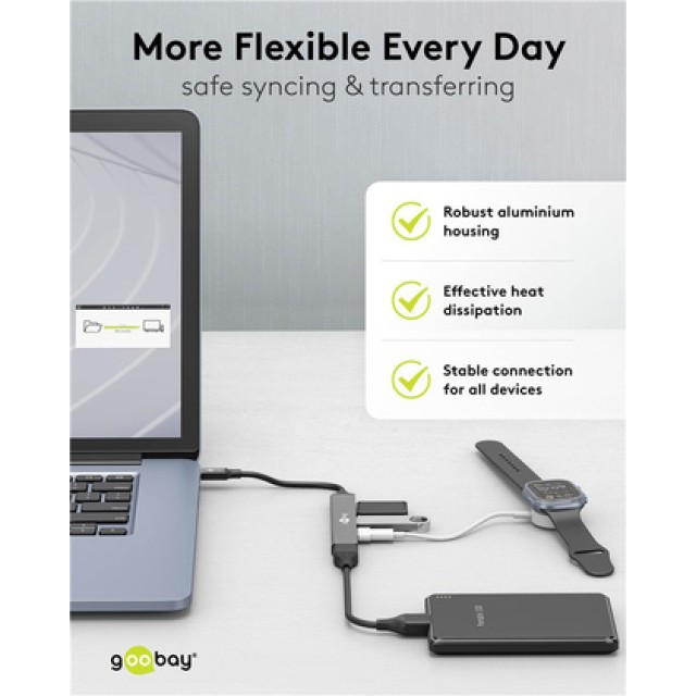 GOOBAY USB hub 74459, 4x θυρών, USB 3.2, 5Gbps, USB-C σύνδεση, γκρι