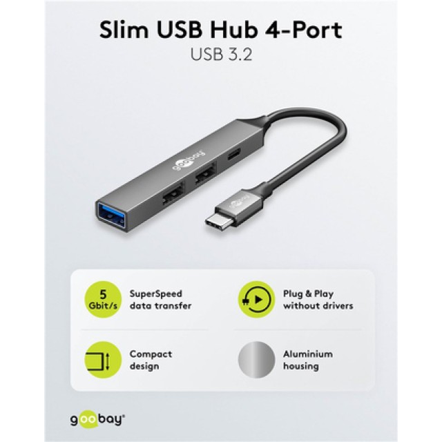 GOOBAY USB hub 74459, 4x θυρών, USB 3.2, 5Gbps, USB-C σύνδεση, γκρι