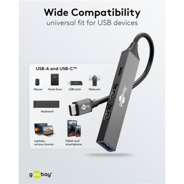 GOOBAY USB hub 74459, 4x θυρών, USB 3.2, 5Gbps, USB-C σύνδεση, γκρι