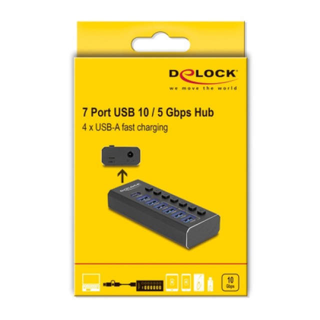 DELOCK USB hub 64326 με διακόπτες, 7x θυρών, 10Gbps, USB/USB-C σύνδεση, μαύρο DELOCK USB hub 64326 με διακόπτες, 7x θυρών, 10Gbps, USB/USB-C σύνδεση, μαύρο