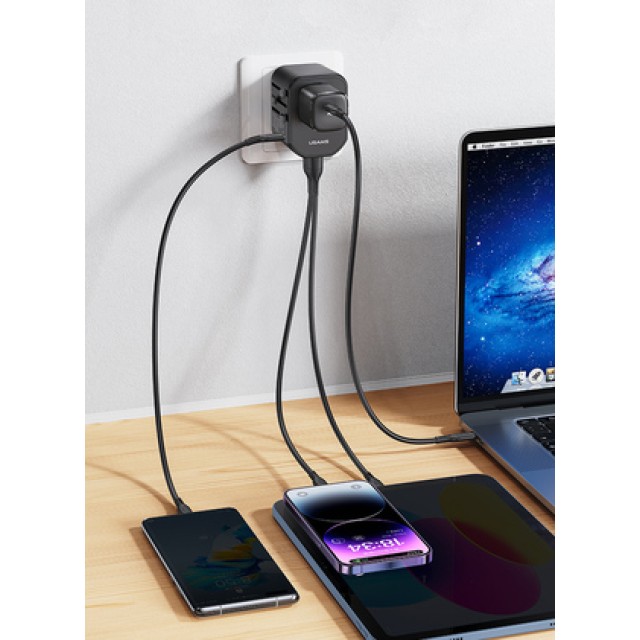 USAMS φορτιστής/αντάπτορας πρίζας US-CC179, USB-C & 2x USB, universal, 20W, μαύρος