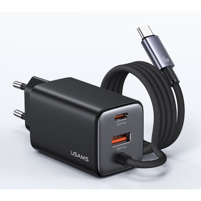 USAMS φορτιστής τοίχου CC266 με καλώδιο, USB & USB-C, 65W, GaN, μαύρος