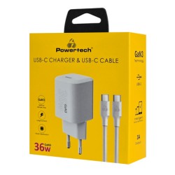 POWERTECH φορτιστής τοίχου PT-1350 με καλώδιο, USB-C, 36W, GaN, λευκός