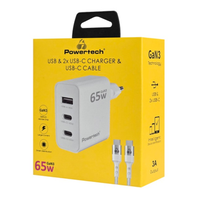 POWERTECH φορτιστής τοίχου PT-1378 με καλώδιο, USB/2x USB-C, 65W, GaN, λευκός POWERTECH φορτιστής τοίχου PT-1378 με καλώδιο, USB/2x USB-C, 65W, GaN, λευκός