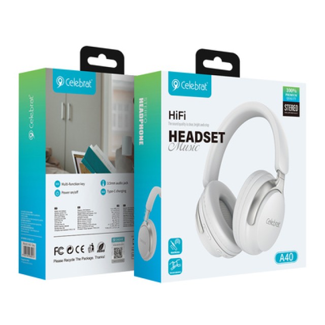 CELEBRAT headphones A40, ασύρματα & ενσύρματα, 40mm, 250mAh, λευκά CELEBRAT headphones A40, ασύρματα & ενσύρματα, 40mm, 250mAh, λευκά