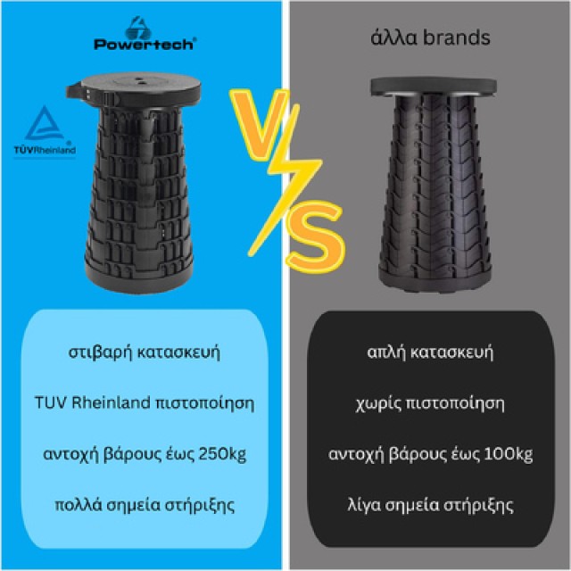 POWERTECH πτυσσόμενο καρεκλάκι HUH-0230, αντοχή έως 250kg, 25.5x45cm, μαύρο