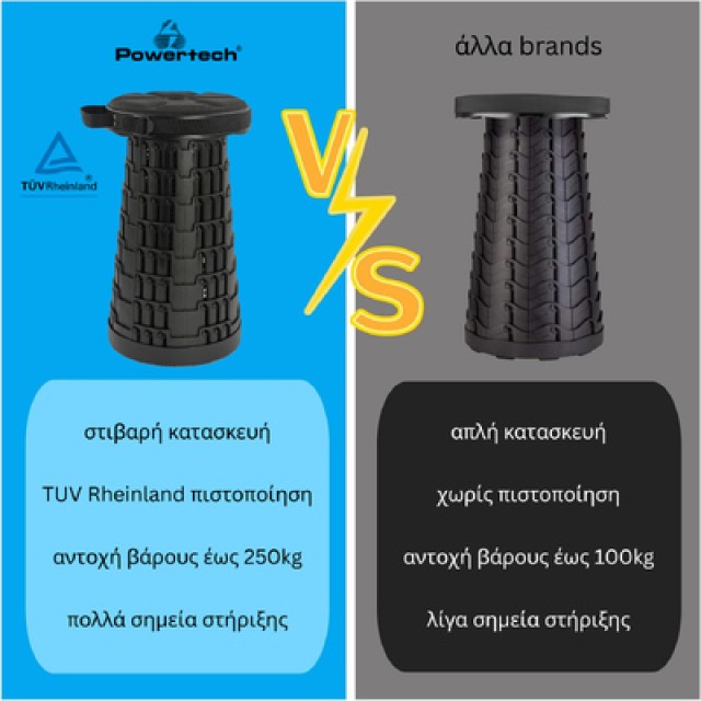 POWERTECH πτυσσόμενο καρεκλάκι HUH-0235 με μαξιλάρι, αντοχή έως 250kg, 25.5x45cm, μαύρο