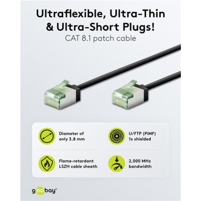 GOOBAY καλώδιο δικτύου 74350, CAT 8.1 U/FTP, slim, copper, 2000MHz, 0.15m, μαύρο GOOBAY καλώδιο δικτύου 74350, CAT 8.1 U/FTP, slim, copper, 2000MHz, 0.15m, μαύρο